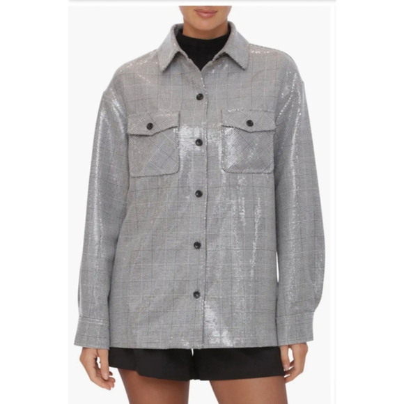 Bagatelle Sequin Plaid Shacket Jacket Medium Gray NWT - Picture 3 of 5